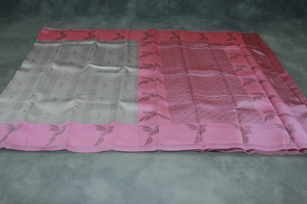 Kubera Pattu Saree - Cream & Pink Kingfisher Zari Border with Blouse, Semi Silk