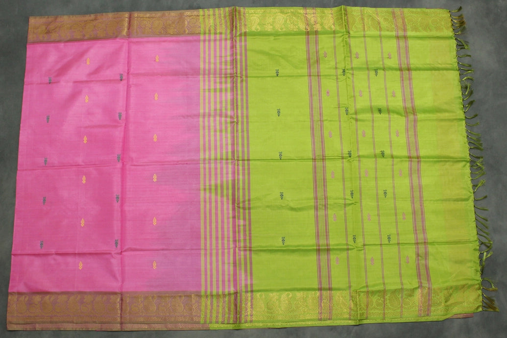 Pink & Light Green Vaazhai Naar (Banana Pith) Saree with Zari Border and Blouse Piece