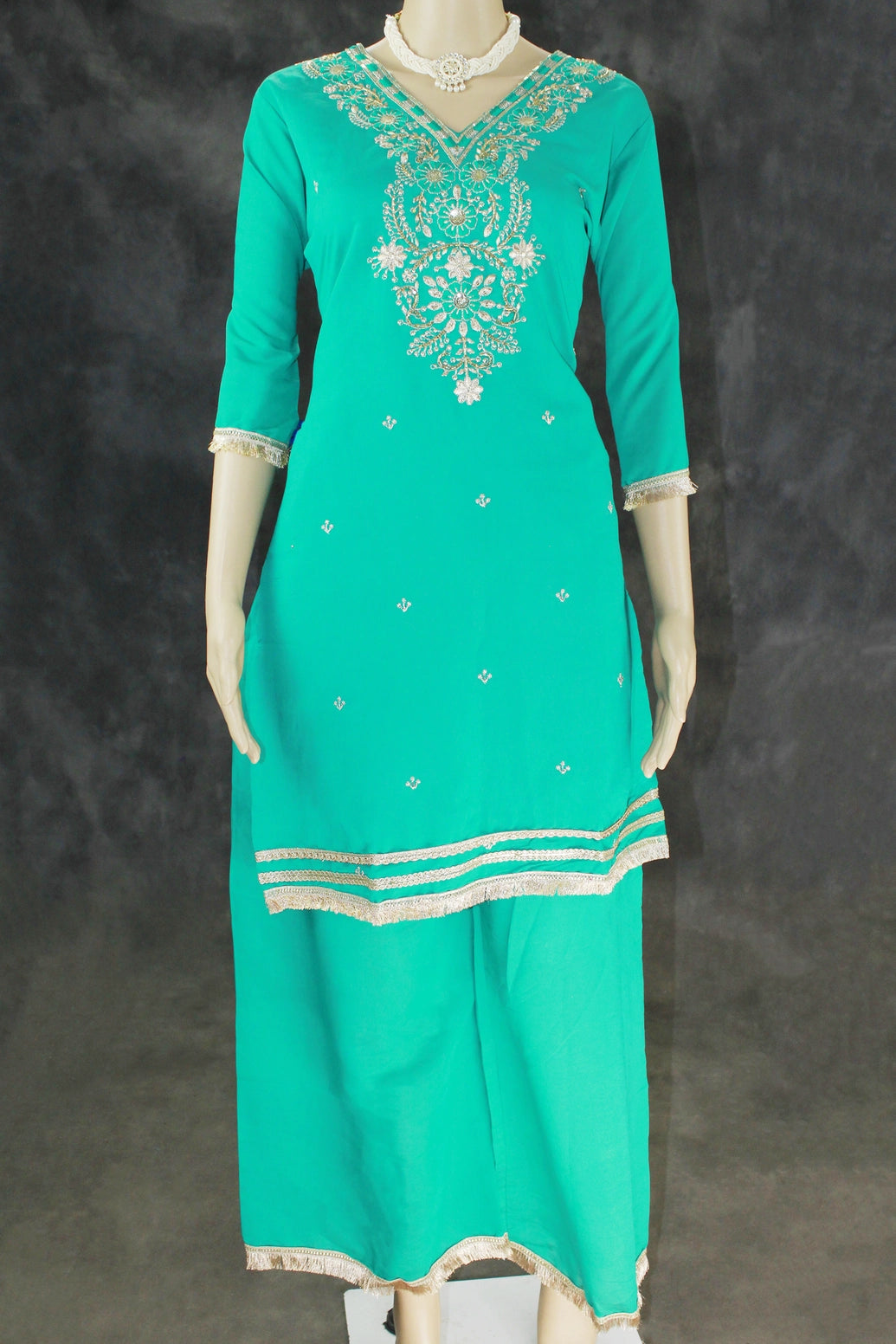 Rama Green Roman Silk Kurti with Palazzo & Banarasi Dupatta, Beaded Em Rama Green Roman Silk Kurti with Palazzo & Banarasi Dupatta, Beaded Em
