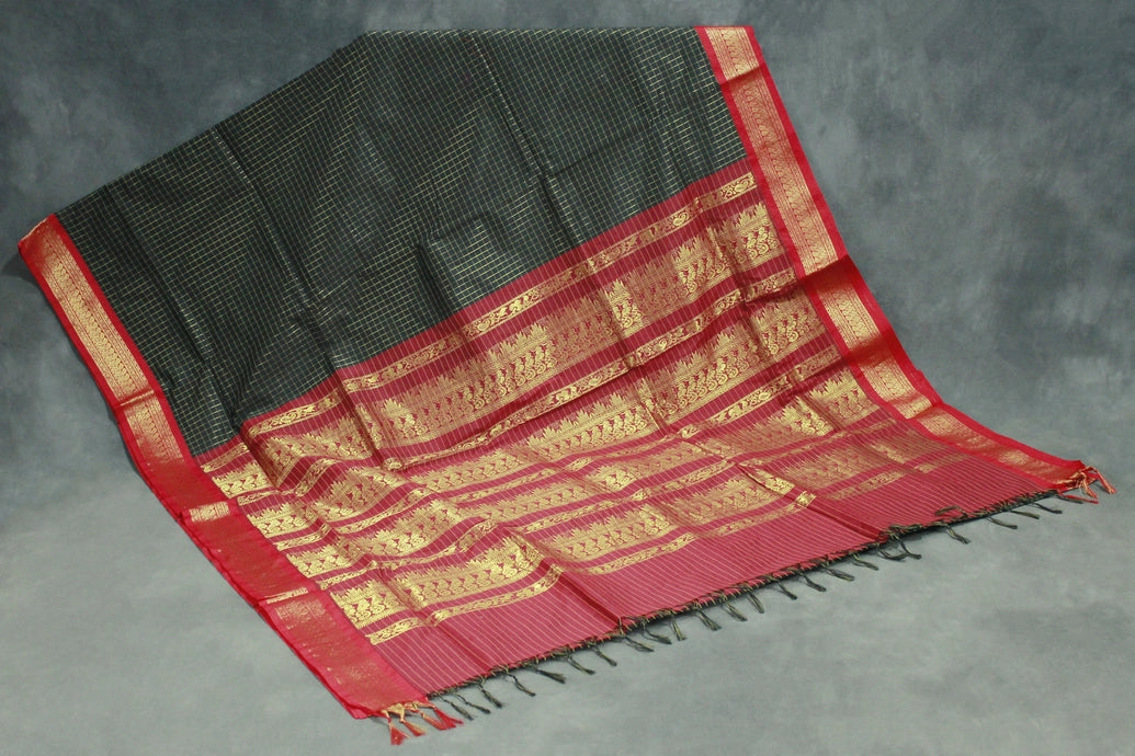 Black Kalyani Cotton Saree with Zari Checked and Peacock Border, Includes Blouse