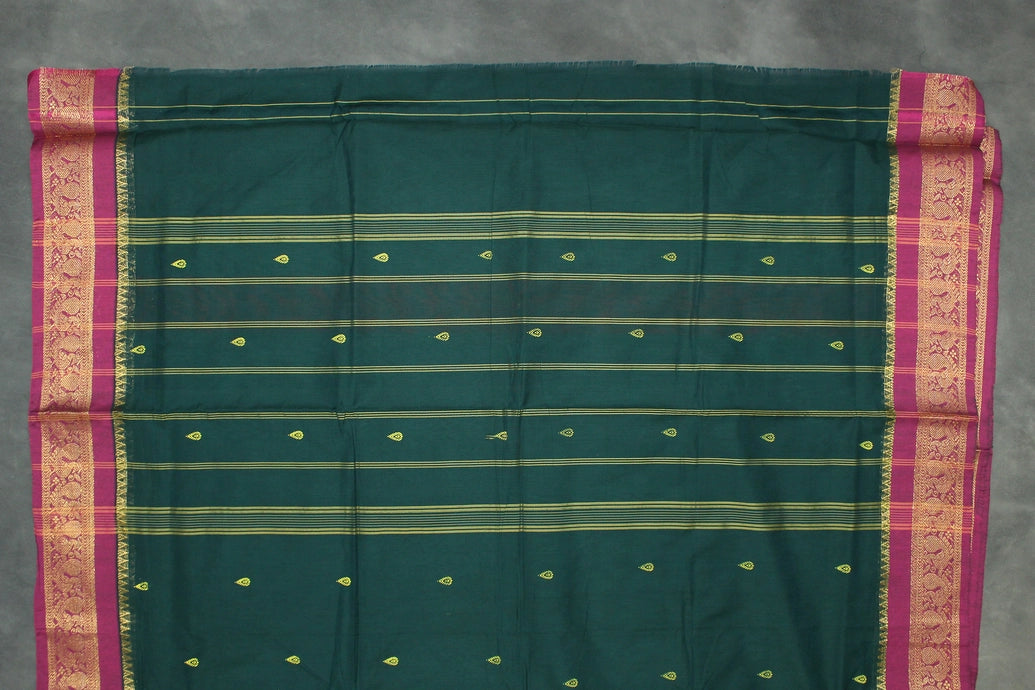 Dark Green Poly Cotton Butta Saree with Maroon Zari Border Saree JCS Fashions