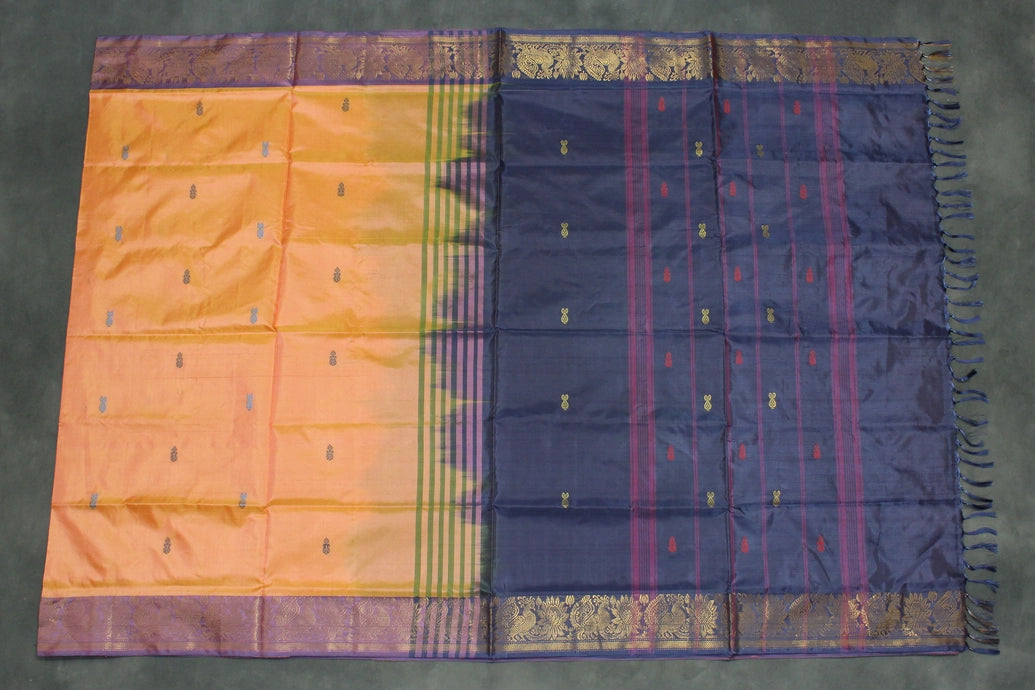 Vaazhai Naar (Banana Pith) Saree in Navy Blue and Orange with Zari Design Border, Full-Body Buttas and Blouse Piece