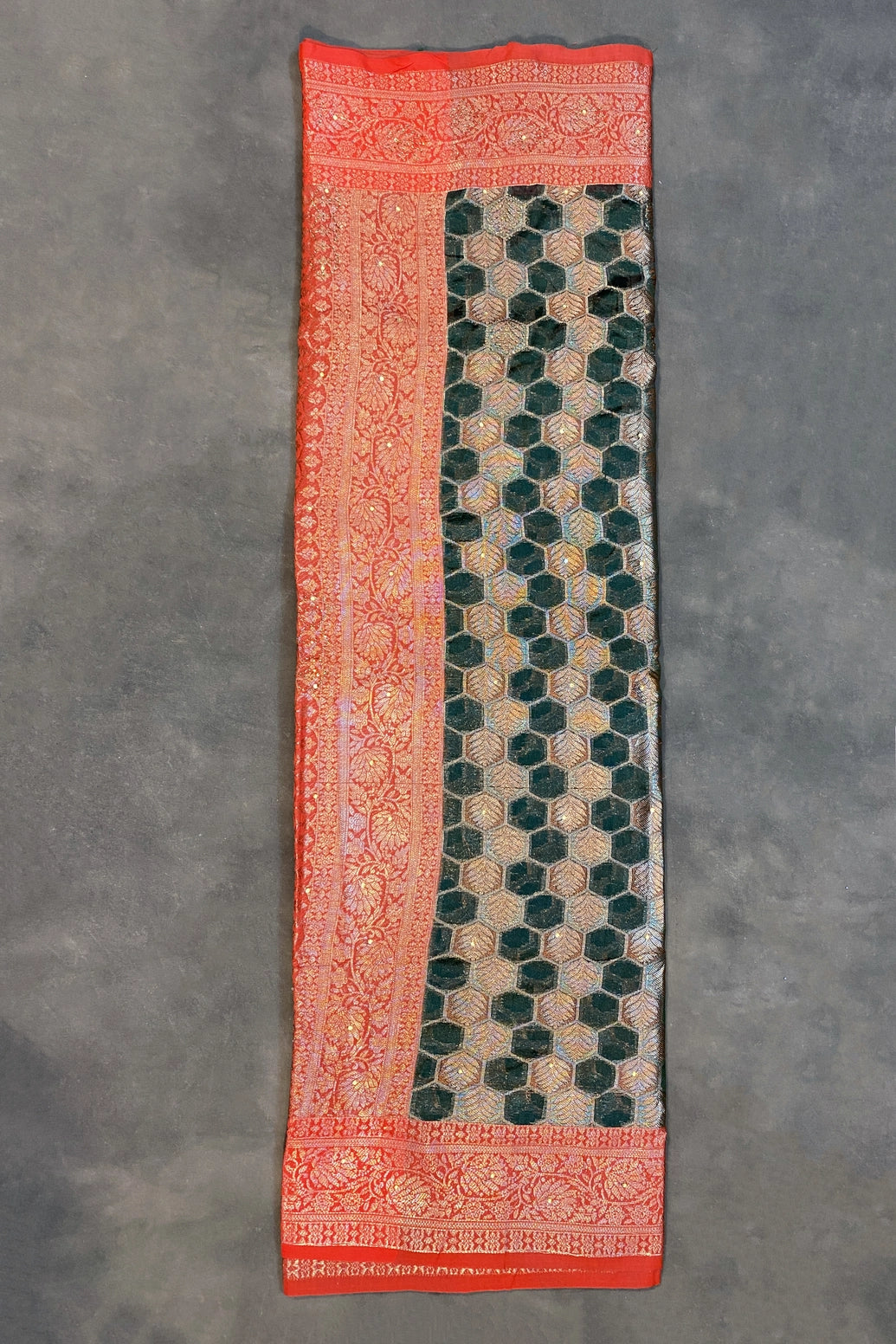 Bottle Green Cotton Organza Designer Saree with Floral Pallu Stone Work, Red Border and Blouse