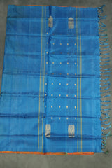 Blue & Orange Vaazhai Naar (Banana Pith) Saree with Small Gold Butta - Borderless Traditional Saree