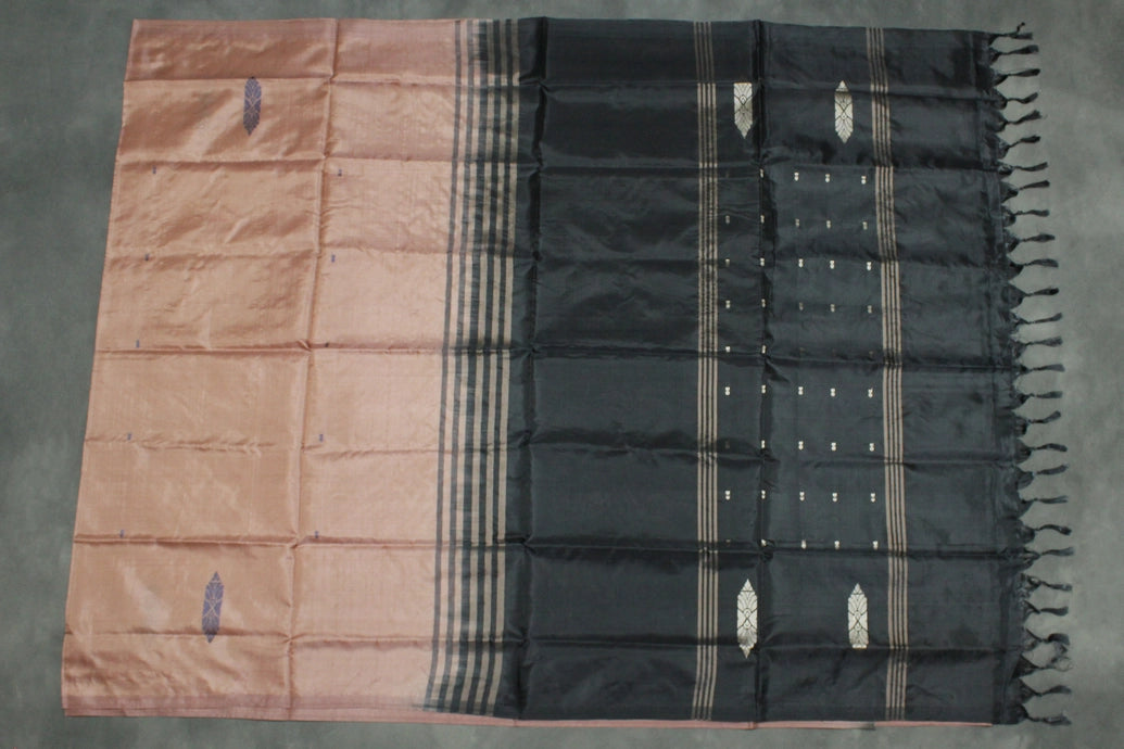 Black Vaazhai Naar (Banana Pith) Borderless Saree with Small Butta Motifs, Tasseled Pallu