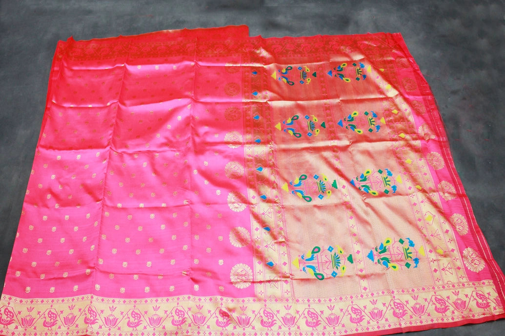 Bright Pink Paithani Pure Silk Saree with Zari Woven Peacock Pallu and Designer Border