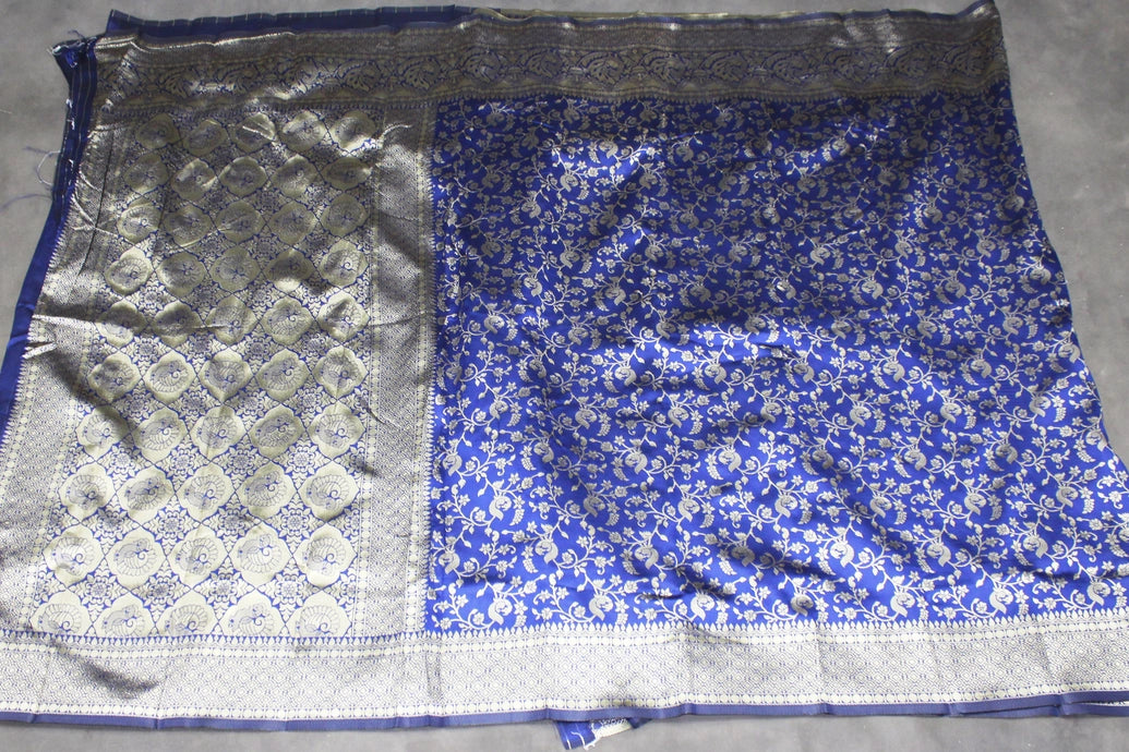Blue Banarasi Handloom Satin Saree with Woven Embroidered Floral Print and Blouse