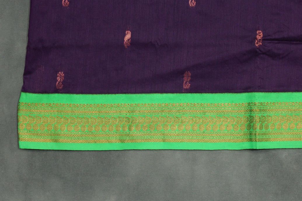 Kalyani Cotton Saree - Deep Violet with Green Zari Border and Butta Design Saree JCS Fashions