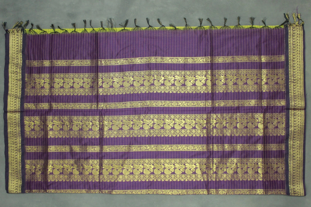 Green Kalyani Cotton Saree with Zari Checked & Peacock Border, Comes with Blouse