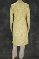 Mustard Yellow Cotton Kurta Set - Floral Printed Kurti with Elasticated Printed Pants