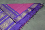 Dark Pink Kalyani Cotton Saree with Zari Checked and Peacock Border and Blouse