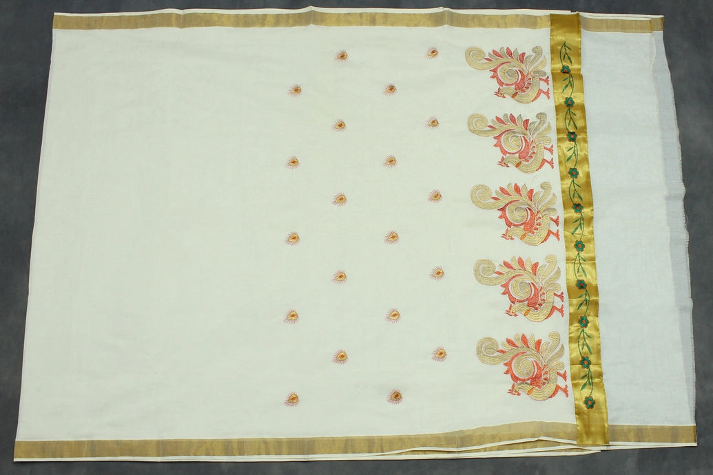 Pure Kerala Cotton White Saree with Gold Zari Peacock Embroidery and Blouse Piece