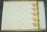 Pure Kerala Cotton White Saree with Gold Zari Peacock Embroidery and Blouse Piece