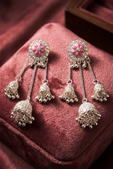 Silver-Finish Flower Stud Jhumka Earrings with Multicolor Crystal Stones and Filigree Dome Drop