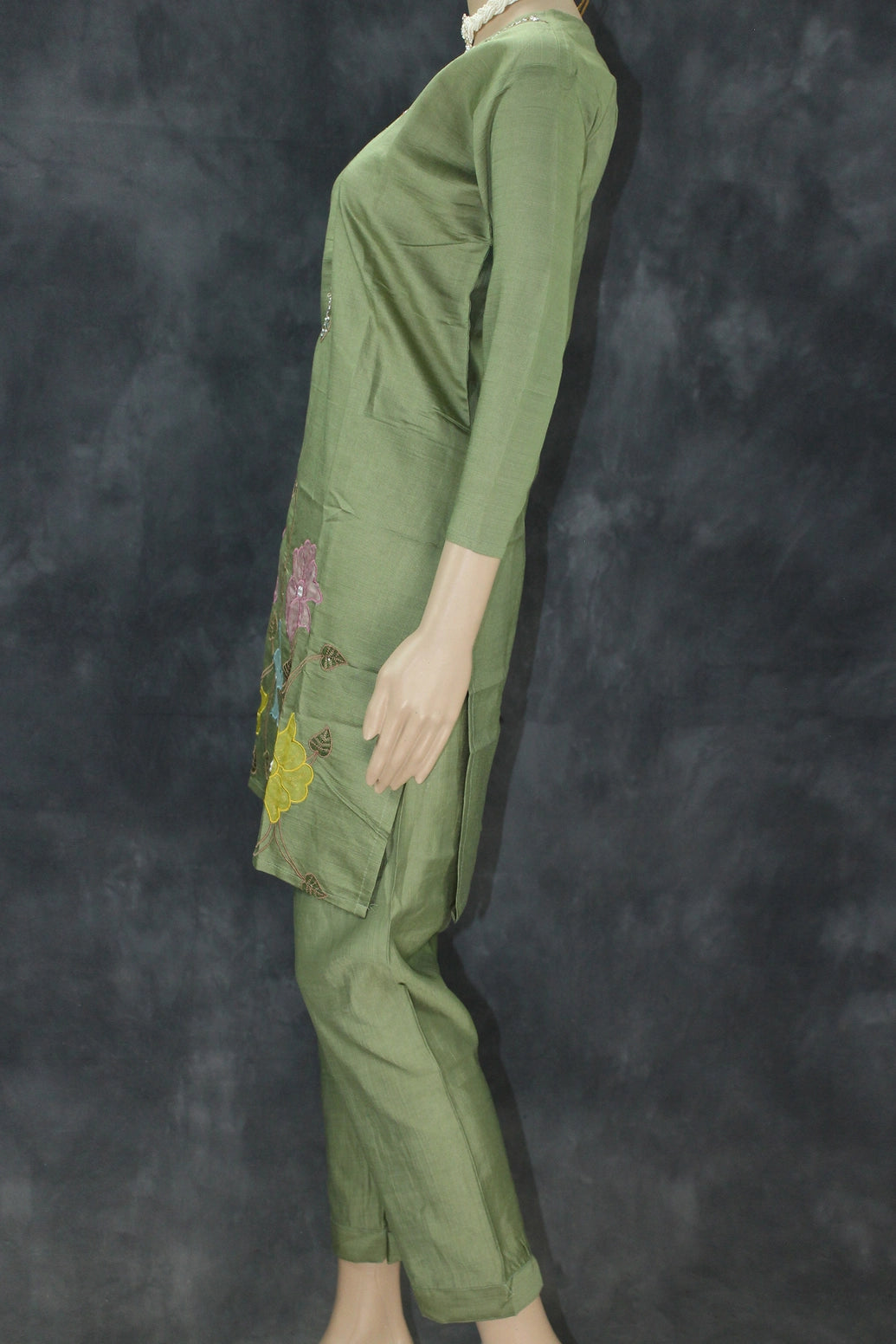 Olive Green Embroidered Cotton Kurti Set with Elastic Pant - V-Neck, Bead & Aari Work Kurti JCS Fashions