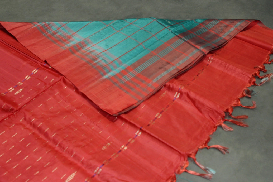 Red Vaazhai Naar (Banana Pith) Handwoven Saree with Small Butta, Borderless Traditional Saree