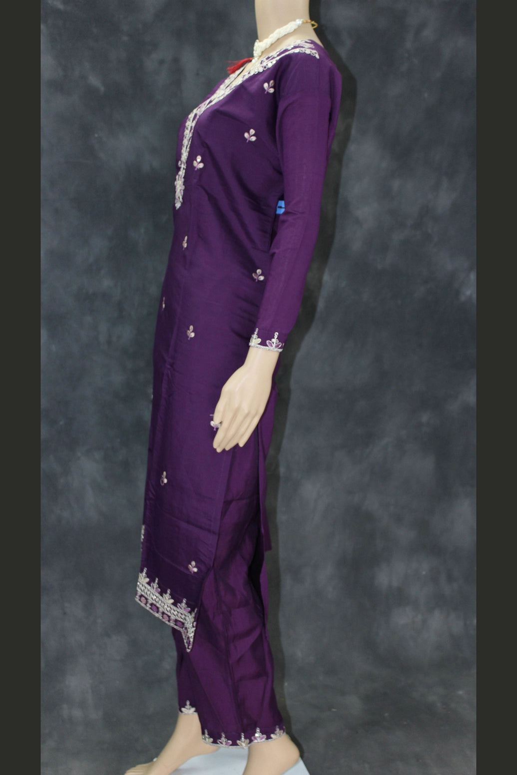 Dark Purple Roman Silk Kurti Pant Set with Organza Dupatta, Sequins Zari Work, V-Neck & Elastic Pant