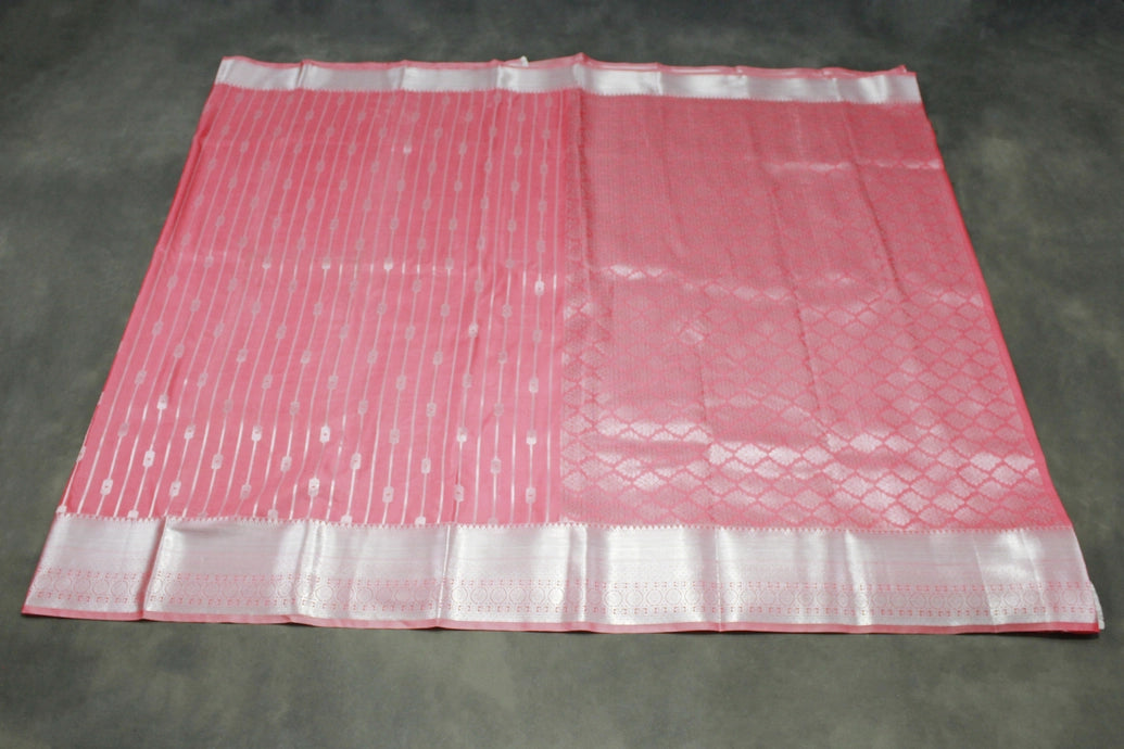 Orange Bridal Vaira Oosi Soft Silk Saree with Silver Zari Border and Blouse