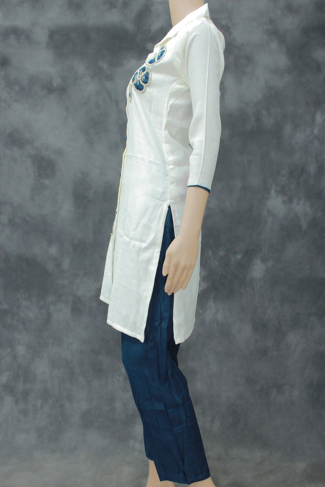 White Cotton-Rayon Embroidered Floral Kurti with Navy Pants - 2PC Set