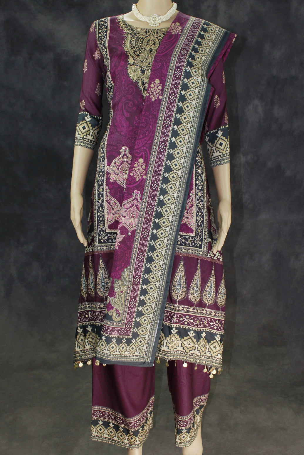 Purple Designer Crepe 3-Piece Salwar Set with Stone & Mirror Embroidery and Gold Coin Hangings