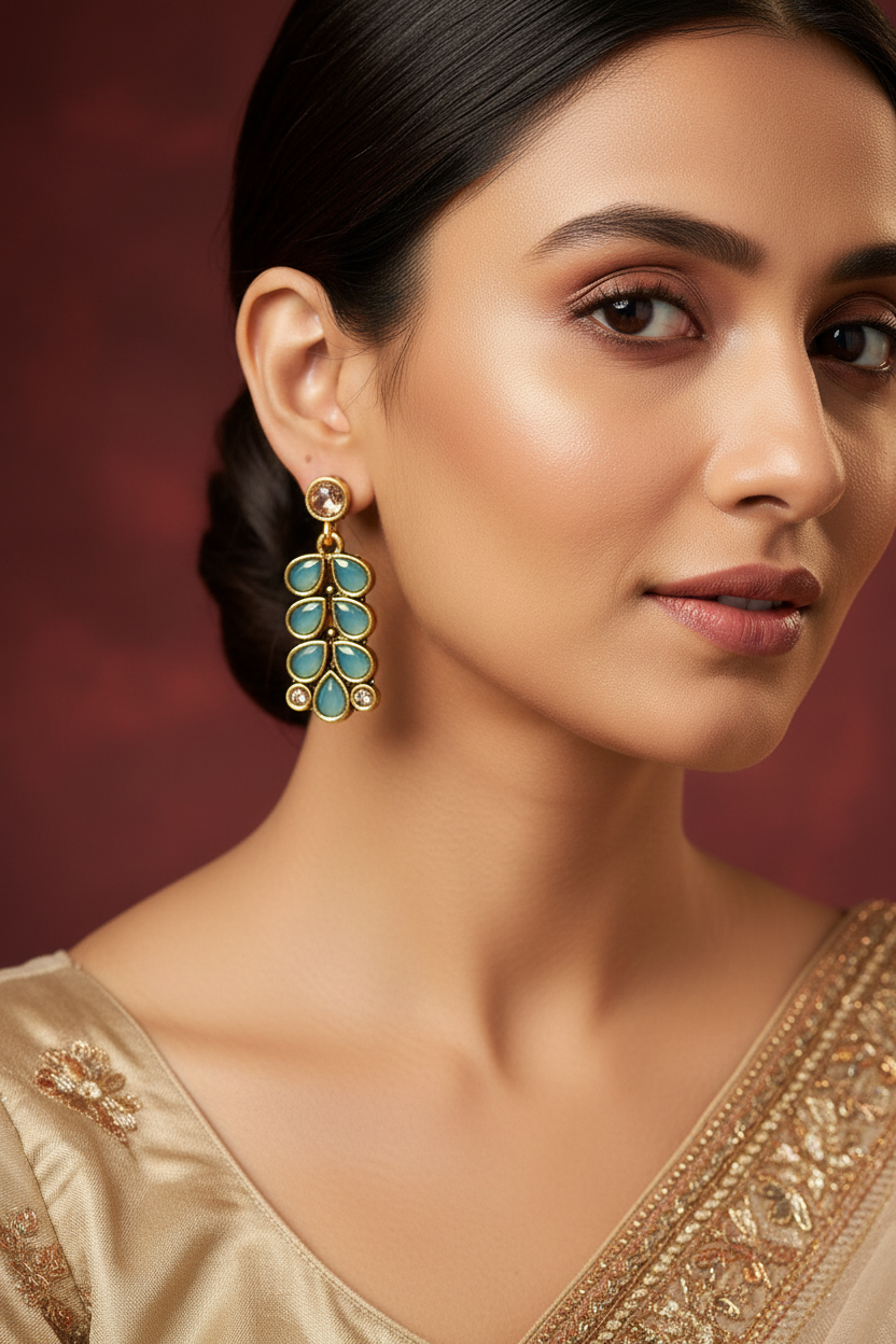 Gold-Tone Antique Leaf Drop Earrings with Sea Blue Teardrop Stones