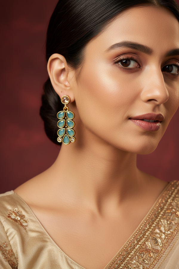 Gold-Tone Antique Leaf Drop Earrings with Sea Blue Teardrop Stones