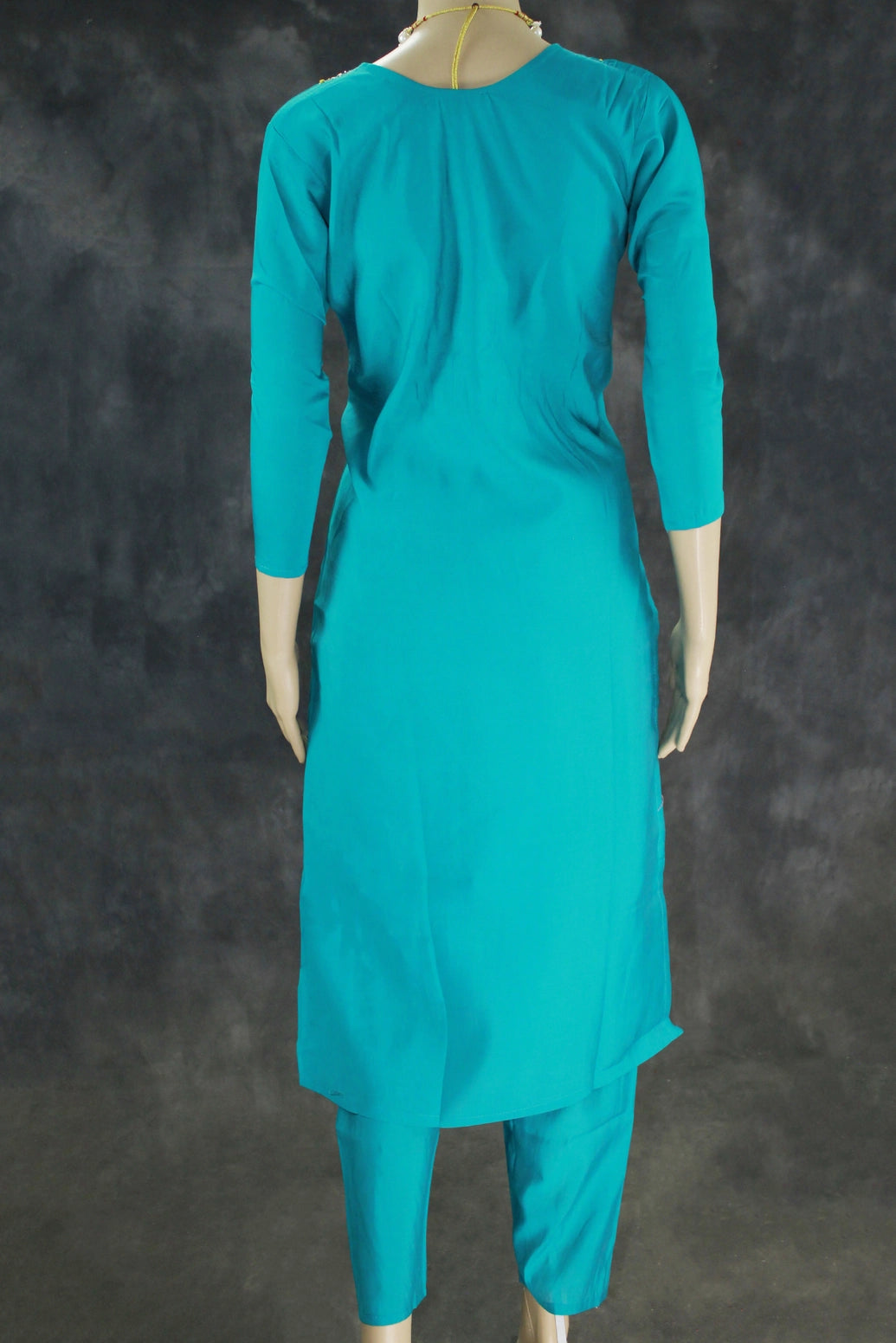 Teal Blue Roman Silk 3-Piece Kurta Set with Embroidered V-Neck and Dupatta
