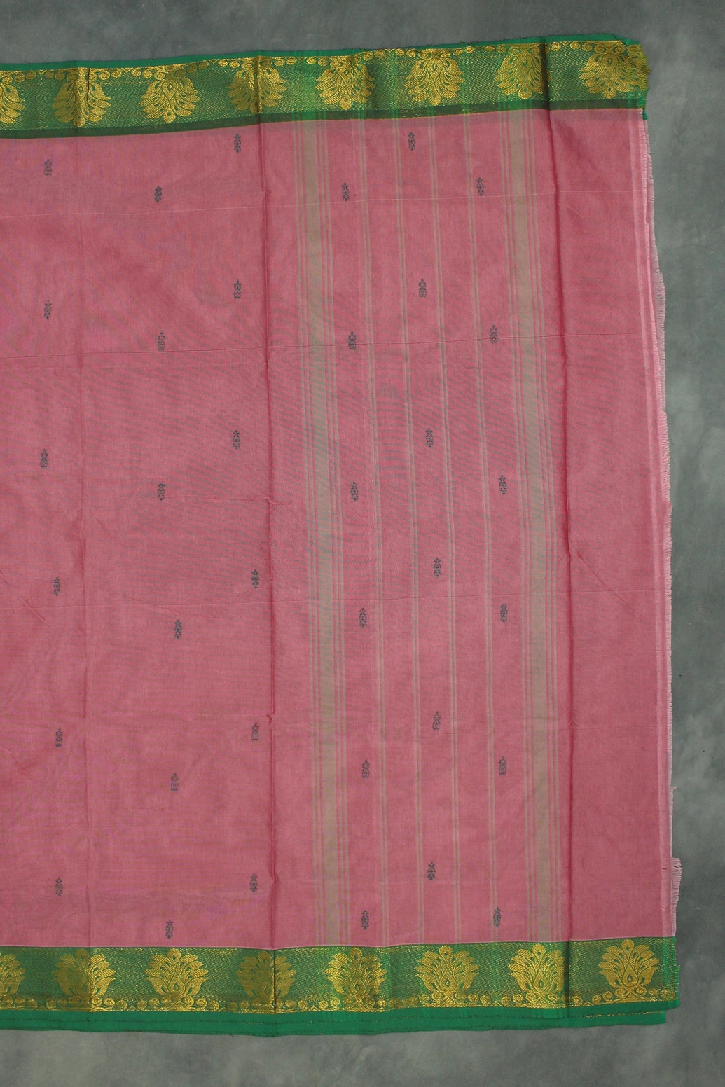 Onion Pink Poly Cotton Saree with Green Zari Border and Butta Motifs Saree JCS Fashions