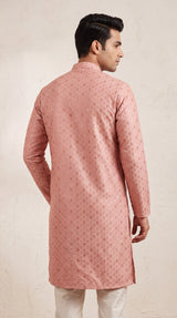 Men Onion Pink Lakhnavi Kurta with Jacquard Pattern, Band Collar & Button Placket