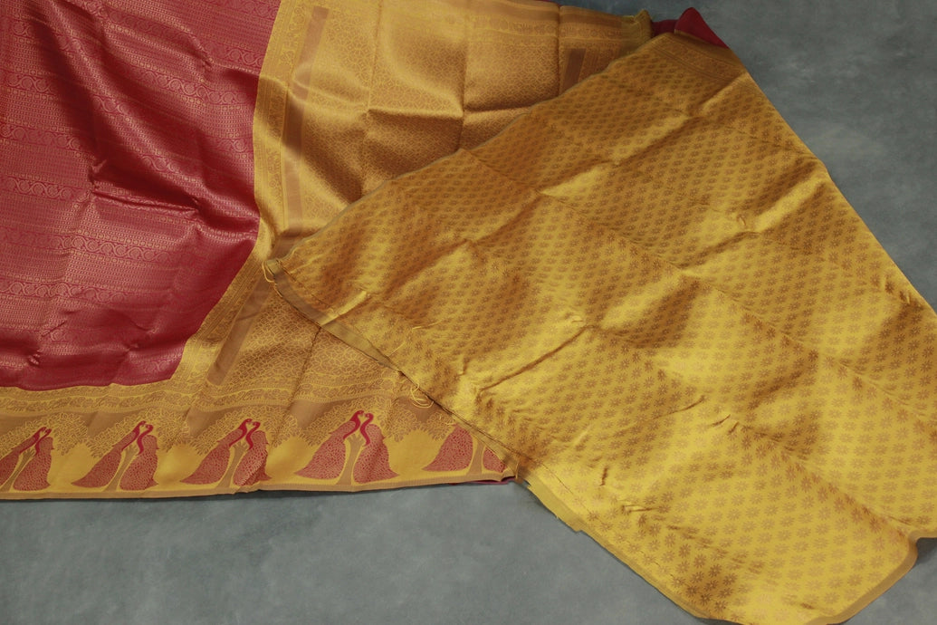 Orange Kubera Pattu Saree with Peacock Border and Contrast Pallu, Comes with Blouse
