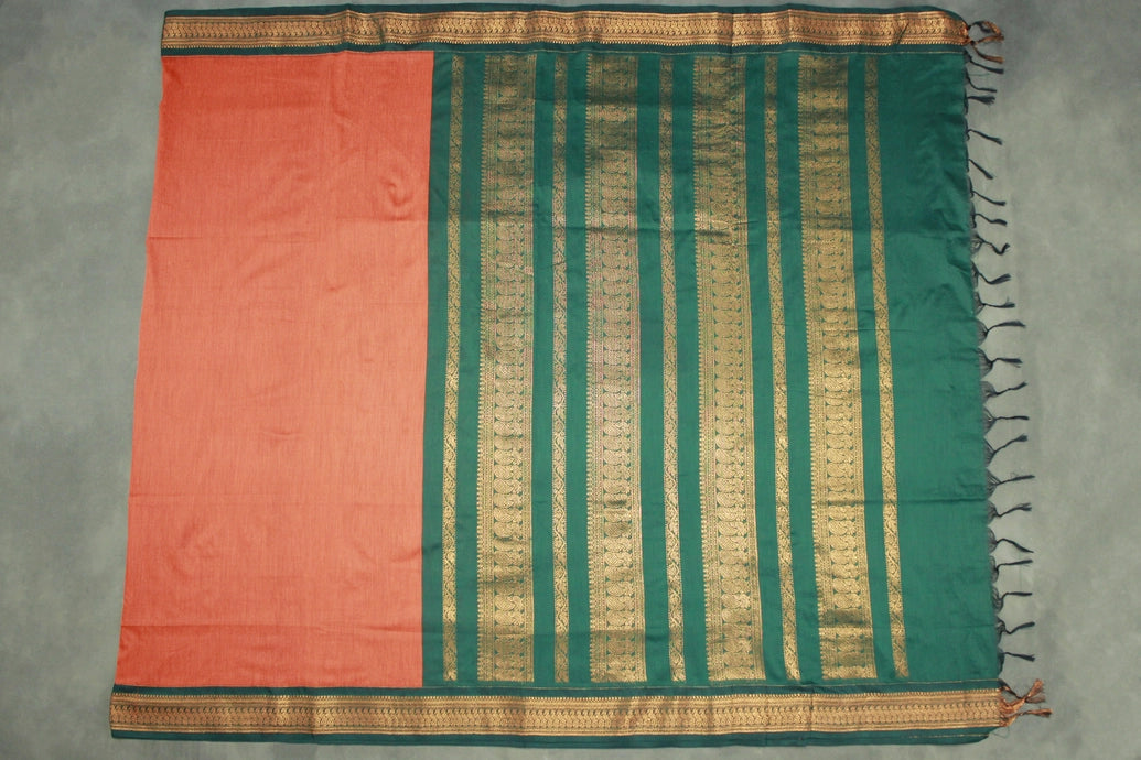 Burnt Orange Kalyani Cotton Saree with Puthha Design and Zari Border and Blouse