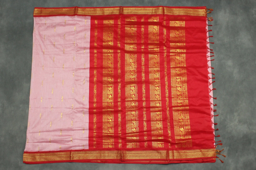 Pink Silk Cotton Saree with Thick Golden Zari Border, Full-Body Buttas and Grand Pallu Saree JCS Fashions