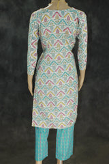 Cotton Printed Kurti Set with Elasticated Pants, Cream & Multicolour Print - Two-piece Kurti and Pant