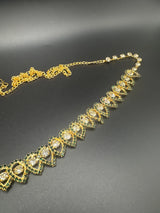 Gold-Tone Green Stone Hip Chain with Clear Round Stones and Teardrop Scalloped Design Jewelry JCS Fashions