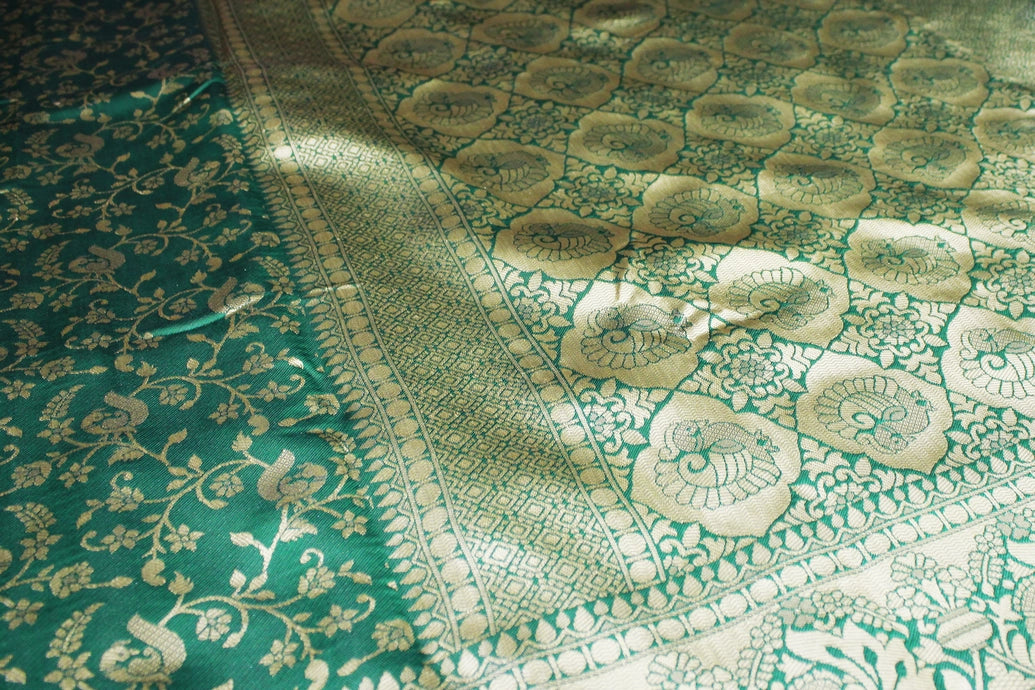 Green Banarasi Handloom Satin Saree with Floral Woven Embroidery Print, Includes Blouse