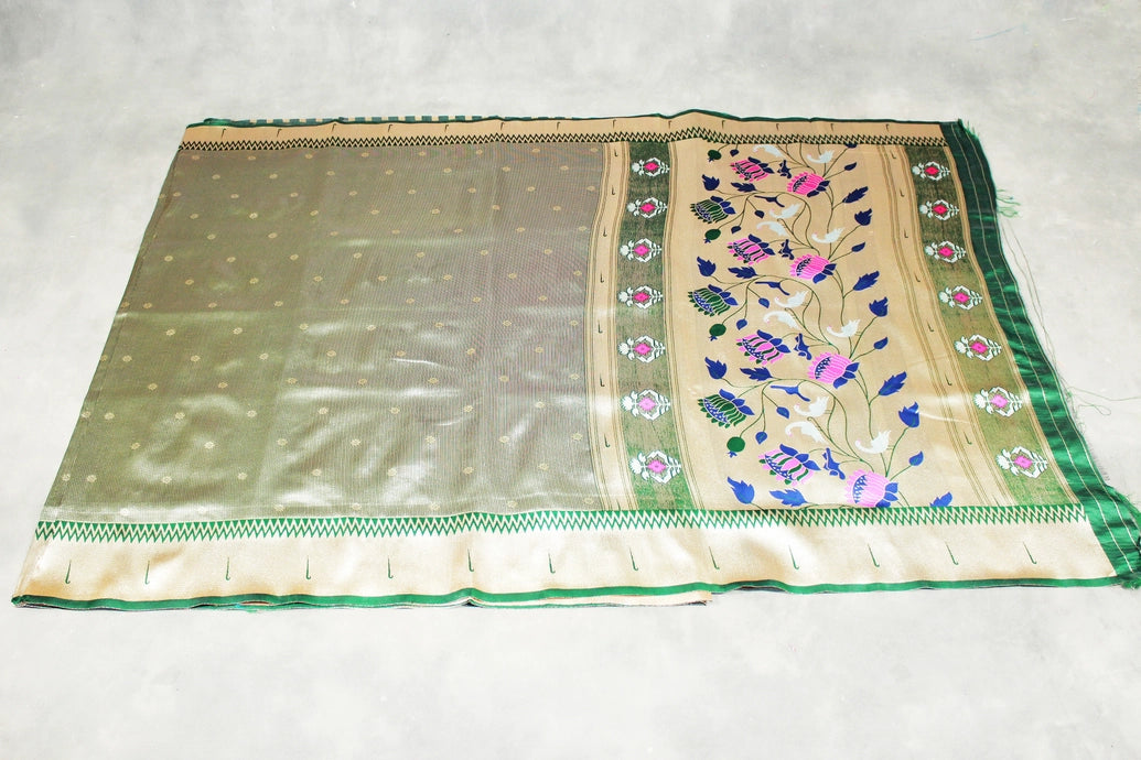 Bottle Green Paithani Tissue Saree with Zari Work and Blouse, Full Body Weaving