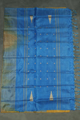 Blue & Mustard Vaazhai Naar (Banana Pith) Saree with Small Butta Allover, Borderless Design, Striped Pallu