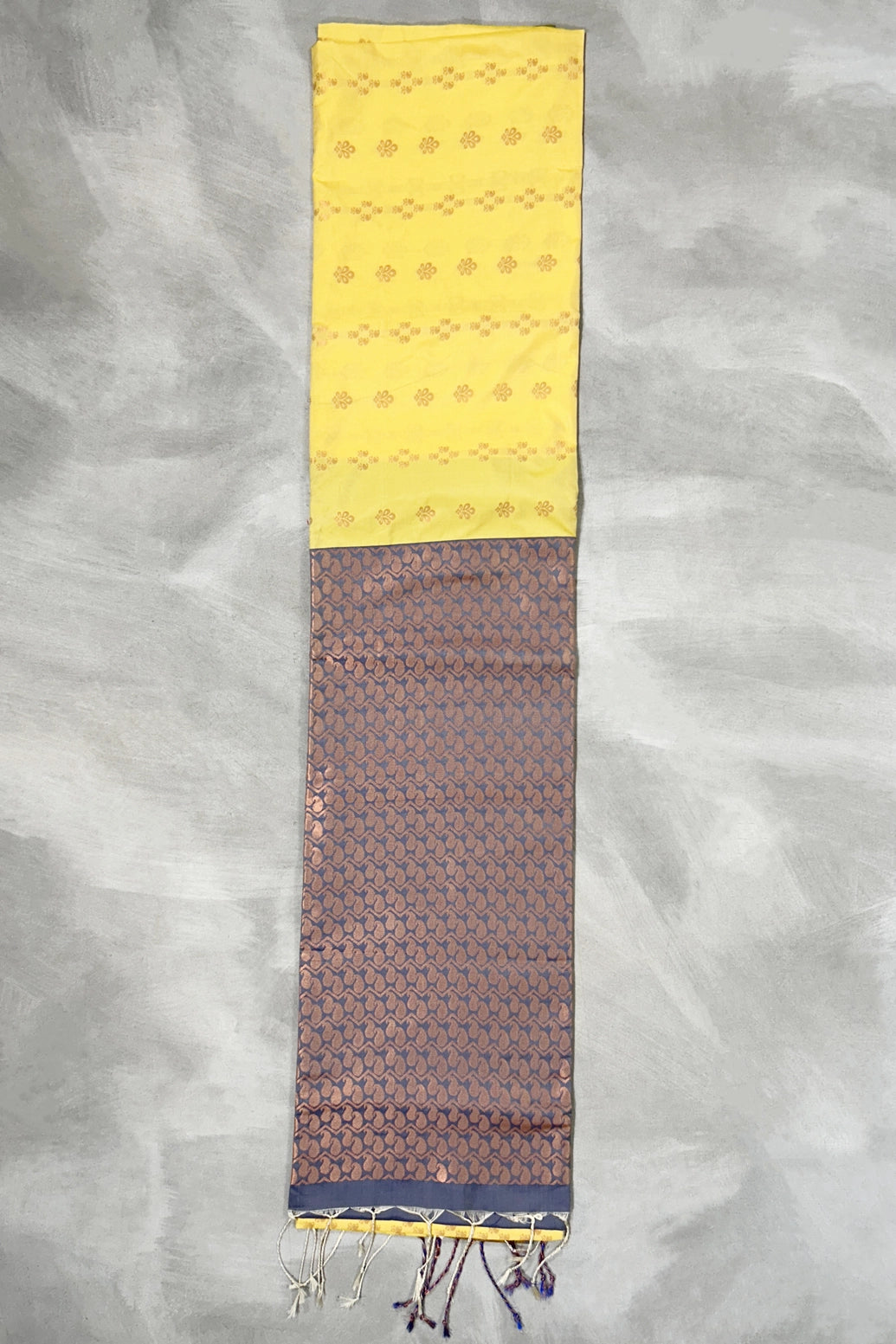 Yellow Semi Soft Silk Saree with Contrast Border, Gold Zari Buttas and Traditional Floral Zari Border