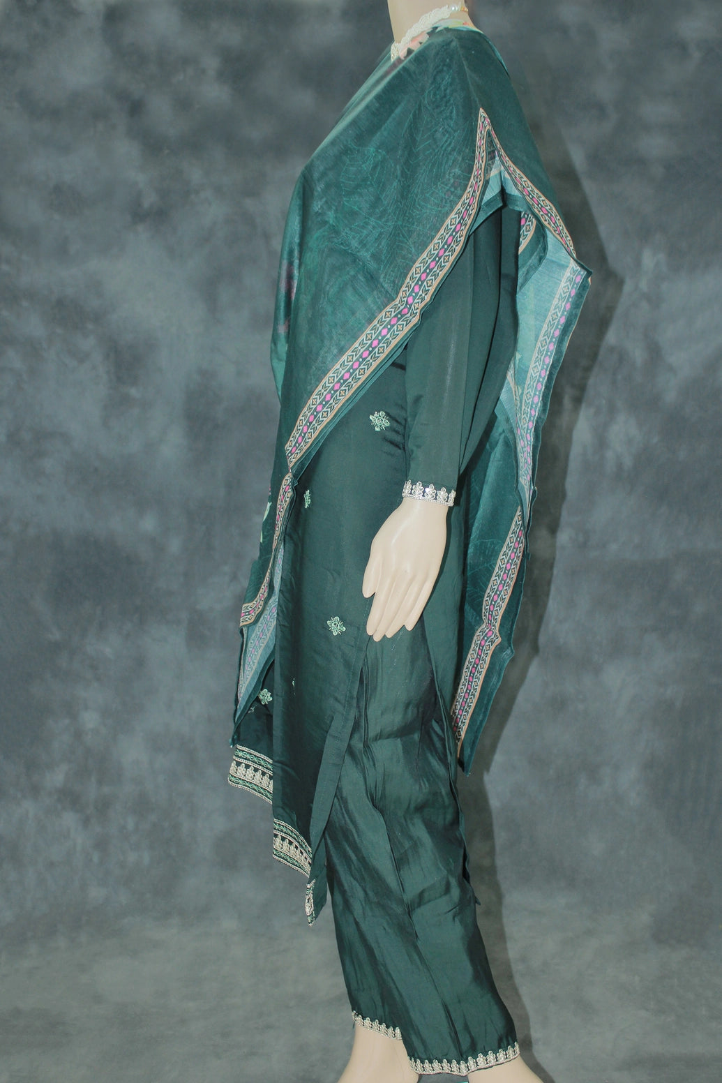Dark Green Roman Silk Kurti Pant Dupatta 3-Piece Set with Sequins & Zari Embroidery for Women