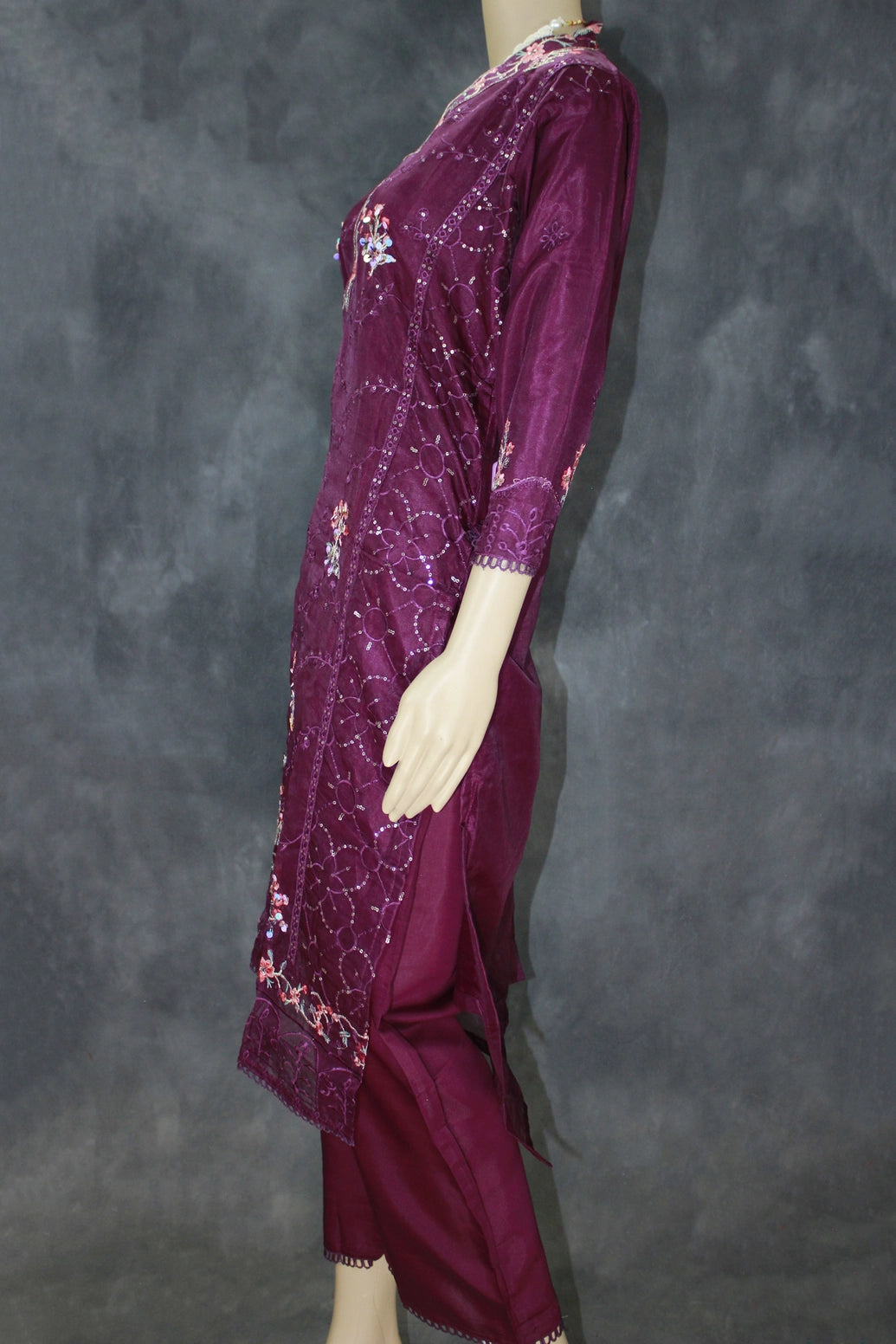 Purple 3-Piece Salwar Suit Set Organza Khatli Work Kurti with Sequins & Border Dupatta