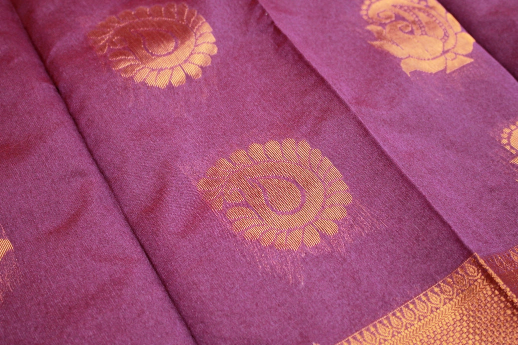 Purple Silk Cotton Zari Border Saree with Floral Motifs and Matching Blouse