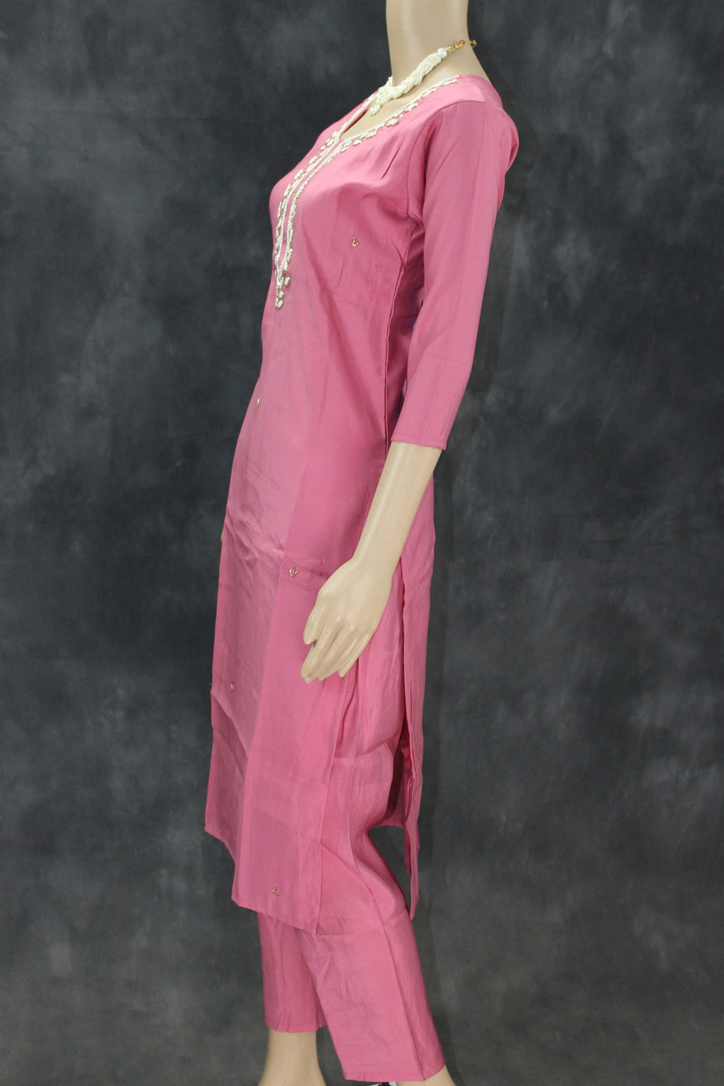 Soft Pink Roman Silk 3-Piece Salwar Kameez Set with Aari & Pearl Neck Embroidery and Organza Digital Dupatta Kurti JCS Fashions