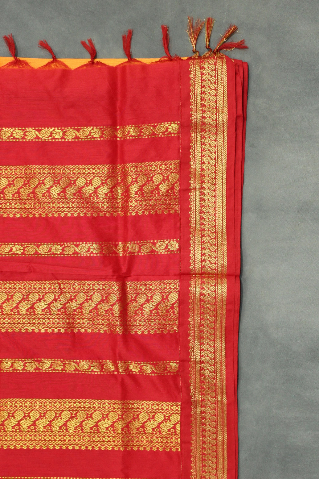 Kalyani Cotton Saree with Zari Border and Putta Designs, Traditional Orange Body with Red Pallu, Blouse Included Saree JCS Fashions