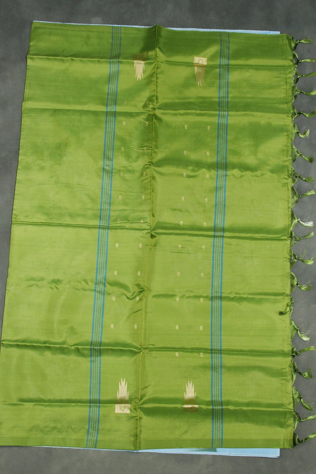 Green Vaazhai Naar (Banana Pith) Borderless Saree with Small Buttas and Blue Pallu