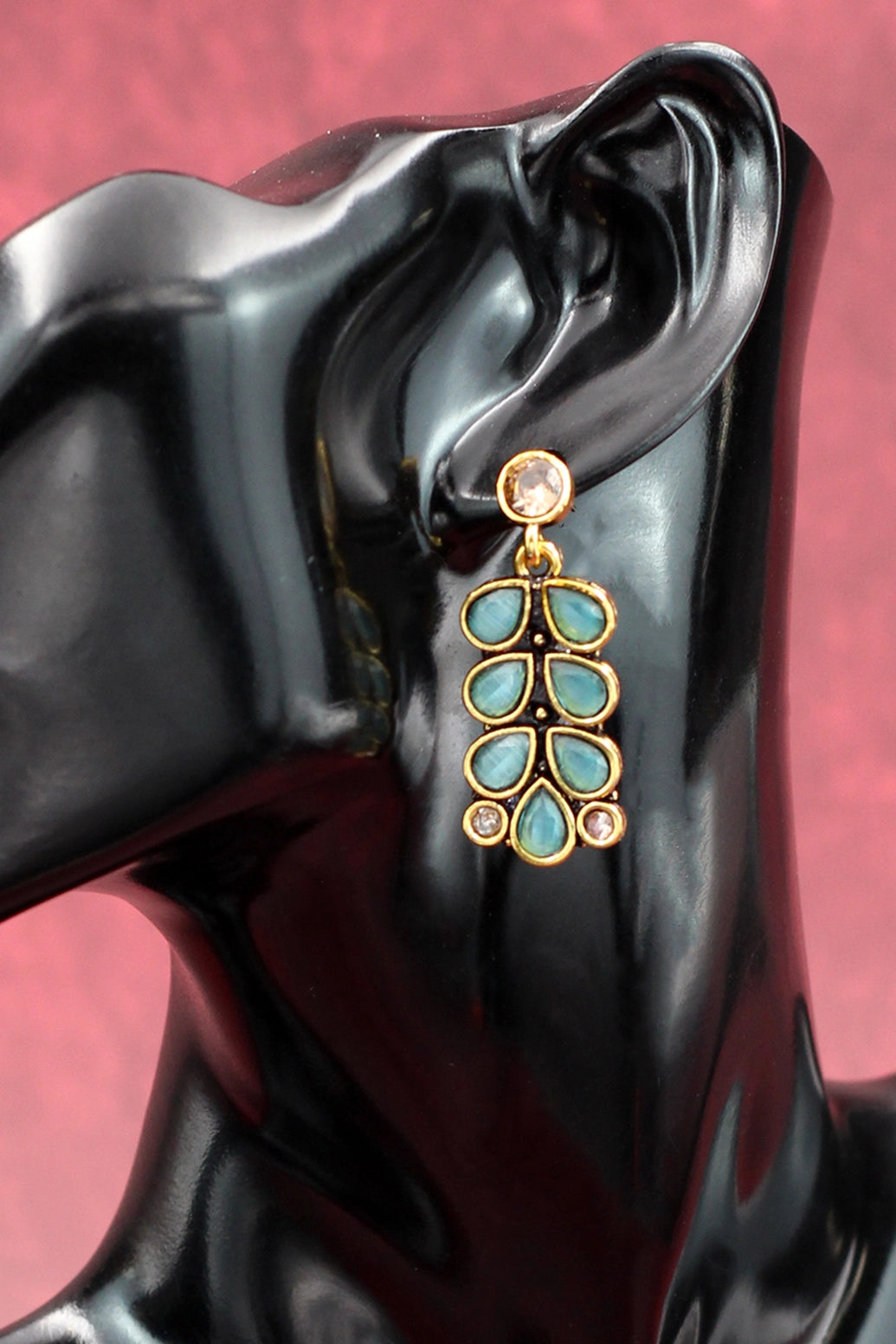Gold-Tone Antique Leaf Drop Earrings with Sea Blue Teardrop Stones Jewelry JCS Fashions