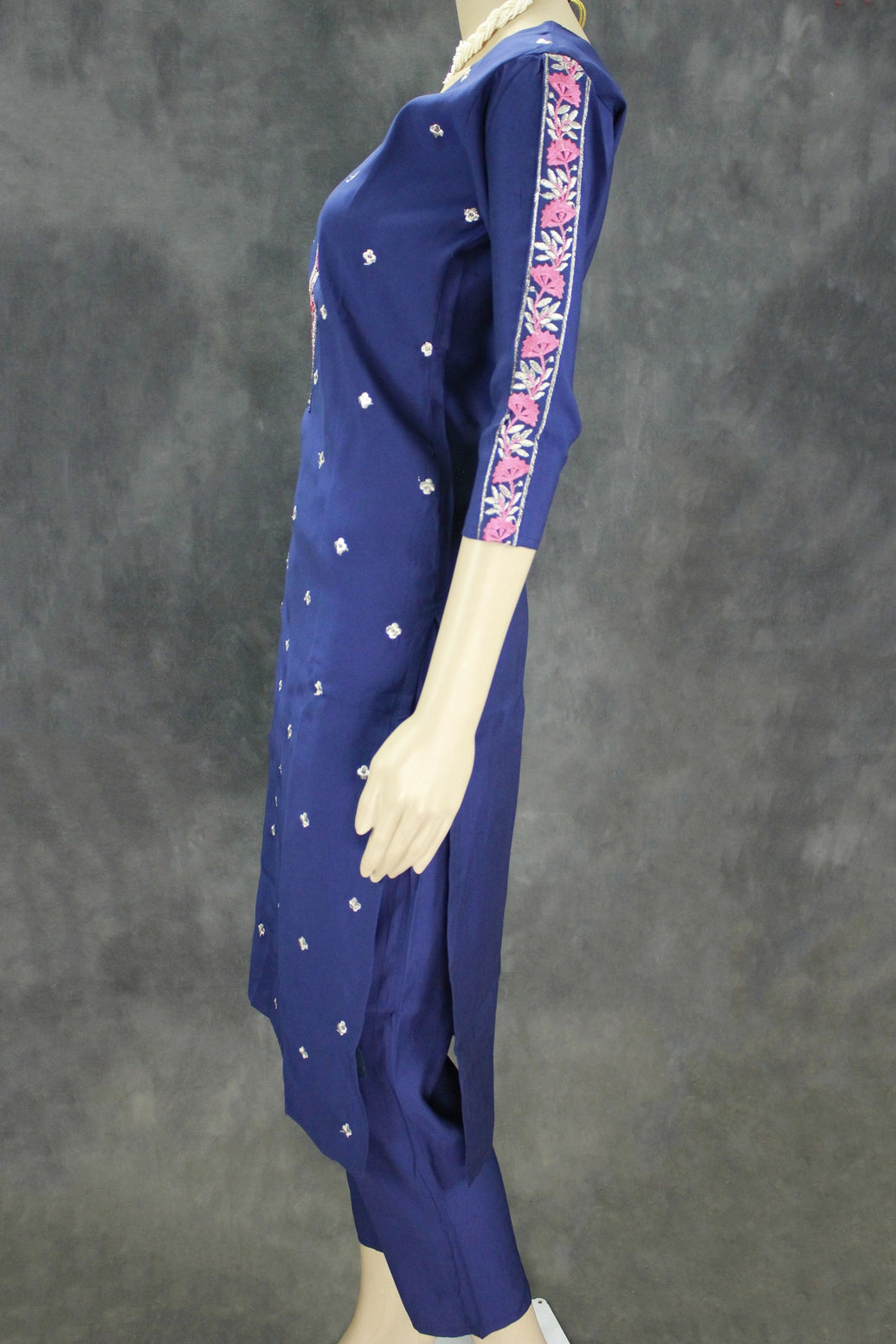 Navy Blue Cotton 3-Piece Kurti Set with Embroidered Work, Chiffon Dupatta and Elastic Pant