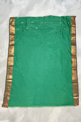 Green Semi Soft Silk Saree with Purple Contrast Border, Gold Zari Buttas & Traditional Floral Border