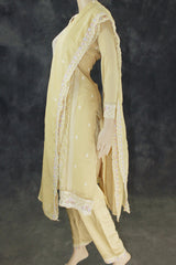 Pastel Yellow 3-Piece Salwar Kurti Set with Chiffon Dupatta, Stone Work Kurti and Elastic Pant