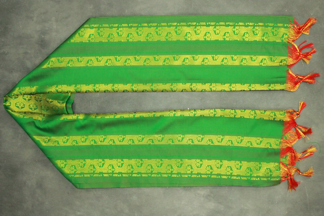 Forest Green Ponnadai Poly Silk Jacquard Temple Shawl with Zari Pattern & Tassels for Functions, 2m Dupatta