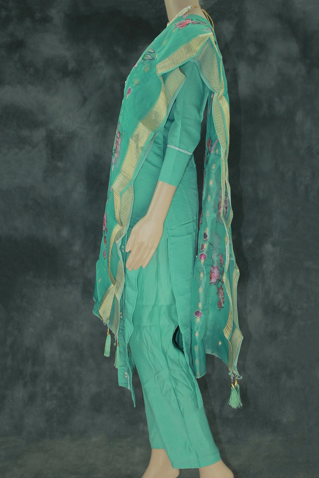 Sage Green Roman Silk 3-Piece Kurti Set with Elastic Pant and Digital Jacquard Dupatta